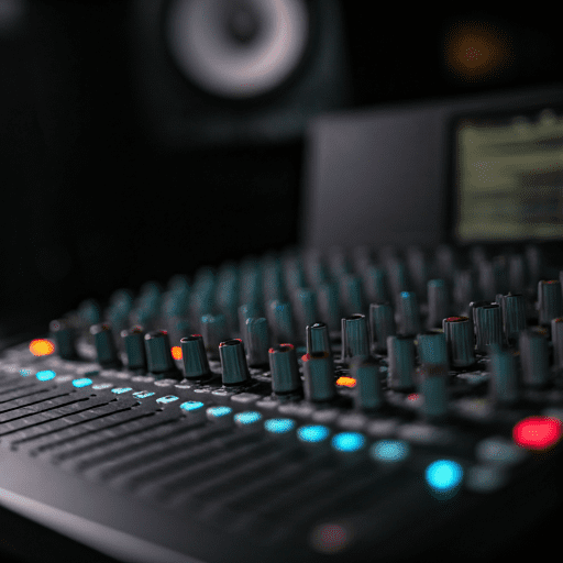 close-up of a high-end mixing console with vibrant cyan and magenta glowing status lights in a dark professional studio environment